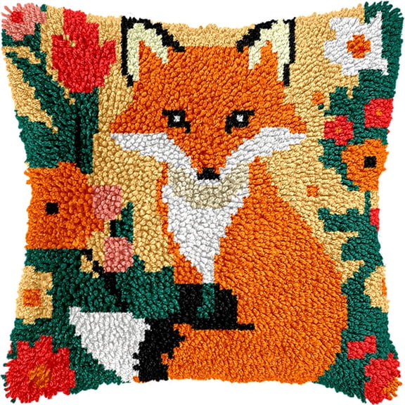 Latch Hook Kits For Adults Beginners, Fox And Flowers 17X17 In Pre-Printed Latch Hook Pillow Kit, Craft Rug Making Kits, Diy Embroidery Cushion For Home Sofa Decor & Gift Idea