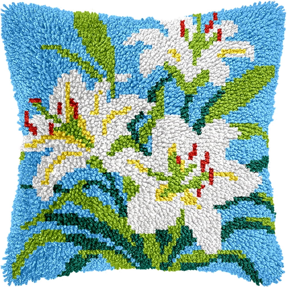 Latch Hook Kits For Adults Beginners, Lily 17X17 In Pre-Printed Latch Hook Pillow Kit, Craft Rug Making Kits, Diy Embroidery Cushion For Home Sofa Decor & Gift Idea