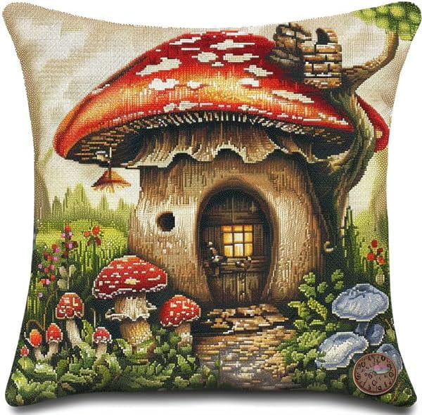 Latch Hook Kits For Adults Beginners, Mushroom 17X17 In Pre-Printed Latch Hook Pillow Kit, Craft Rug Making Kits, Diy Embroidery Cushion For Home Sofa Decor & Gift Idea