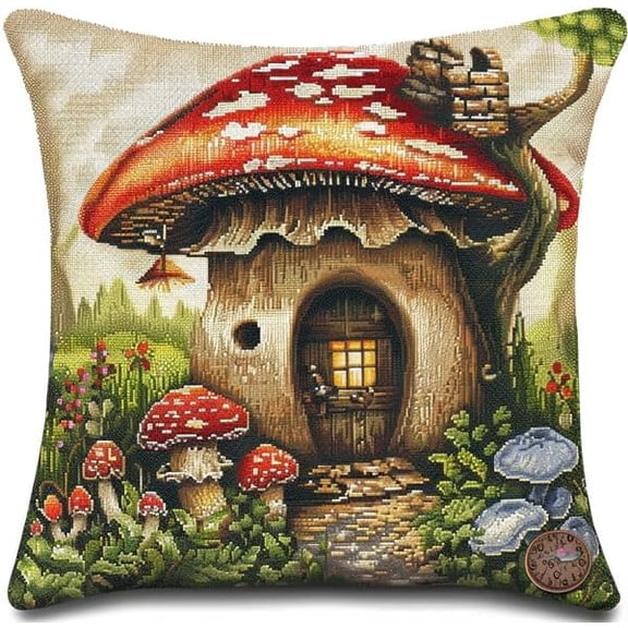 Latch Hook Kits For Adults Beginners, Mushroom 17X17 In Pre-Printed Latch Hook Pillow Kit, Craft Rug Making Kits, Diy Embroidery Cushion For Home Sofa Decor & Gift Idea