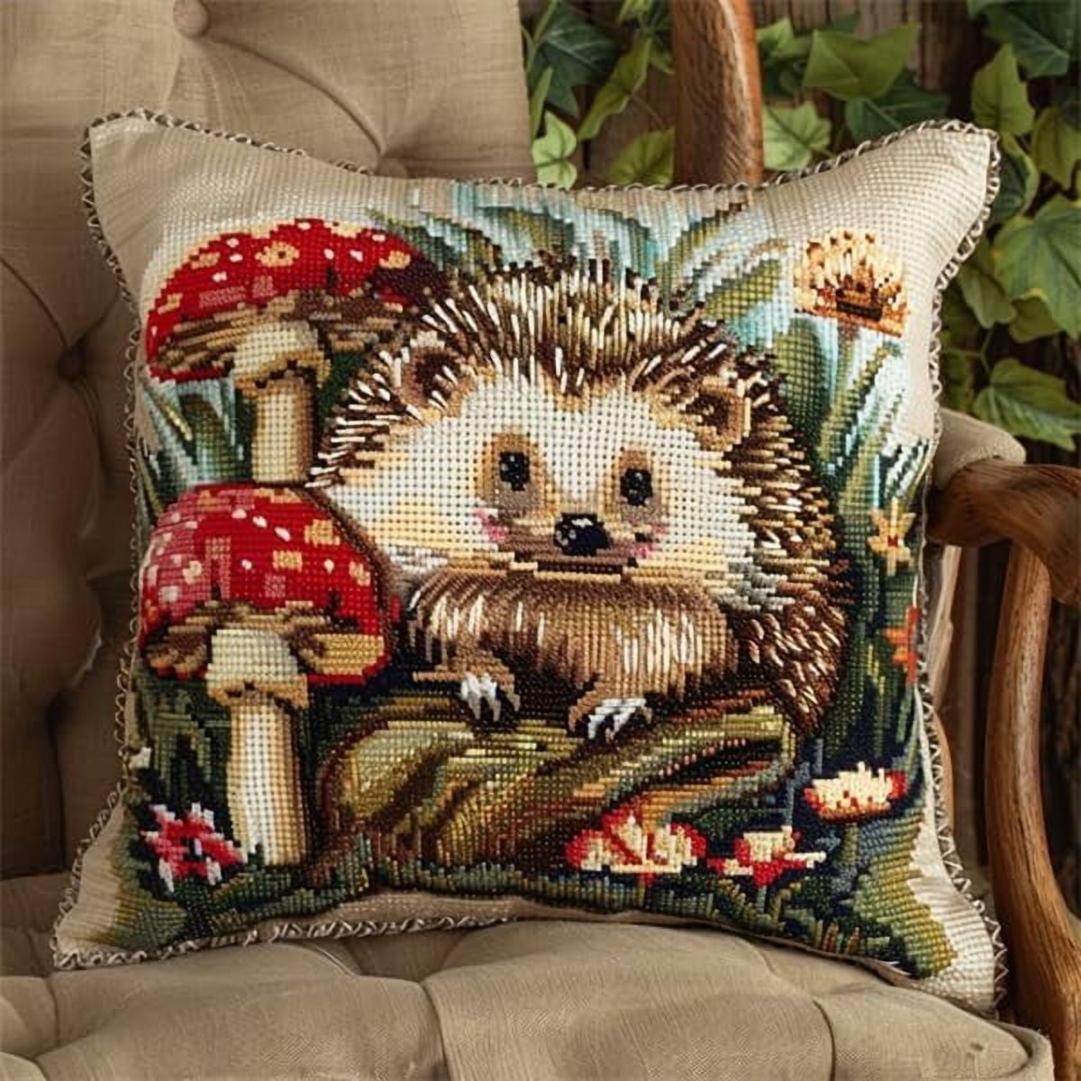 Latch Hook Kits For Adults Beginners, Mushrooms And Hedgehogs 17X17 In Pre-Printed Latch Hook Pillow Kit, Craft Rug Making Kits, Diy Embroidery Cushion For Home Sofa Decor & Gift Idea