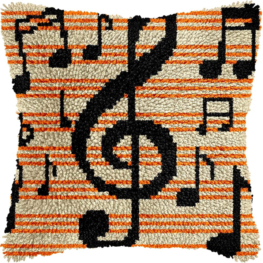 Latch Hook Kits For Adults Beginners Musical Symbols 17X17 In Diy Crochet Pillow Kit Pre-Printed Pillowcase Hook And Latch Rug Kits Needlework Cushion Cover For Home Sofa