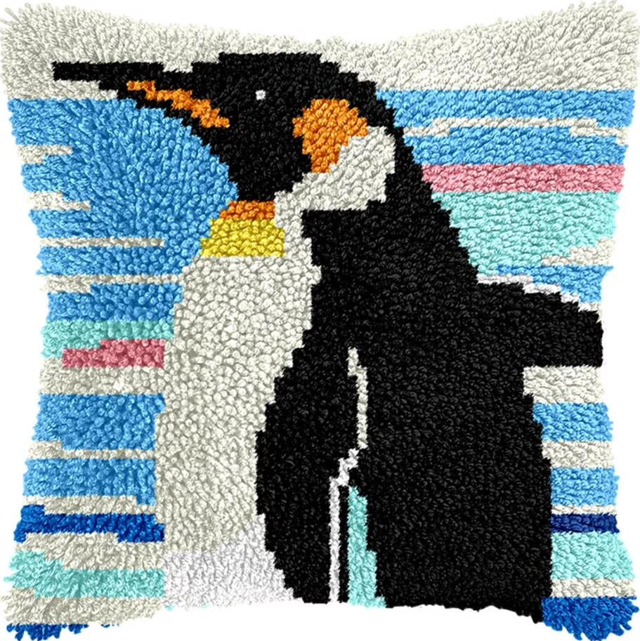 Latch Hook Kits For Adults Beginners, Penguin 17X17 In Pre-Printed Latch Hook Pillow Kit, Craft Rug Making Kits, Diy Embroidery Cushion For Home Sofa Decor & Gift Idea