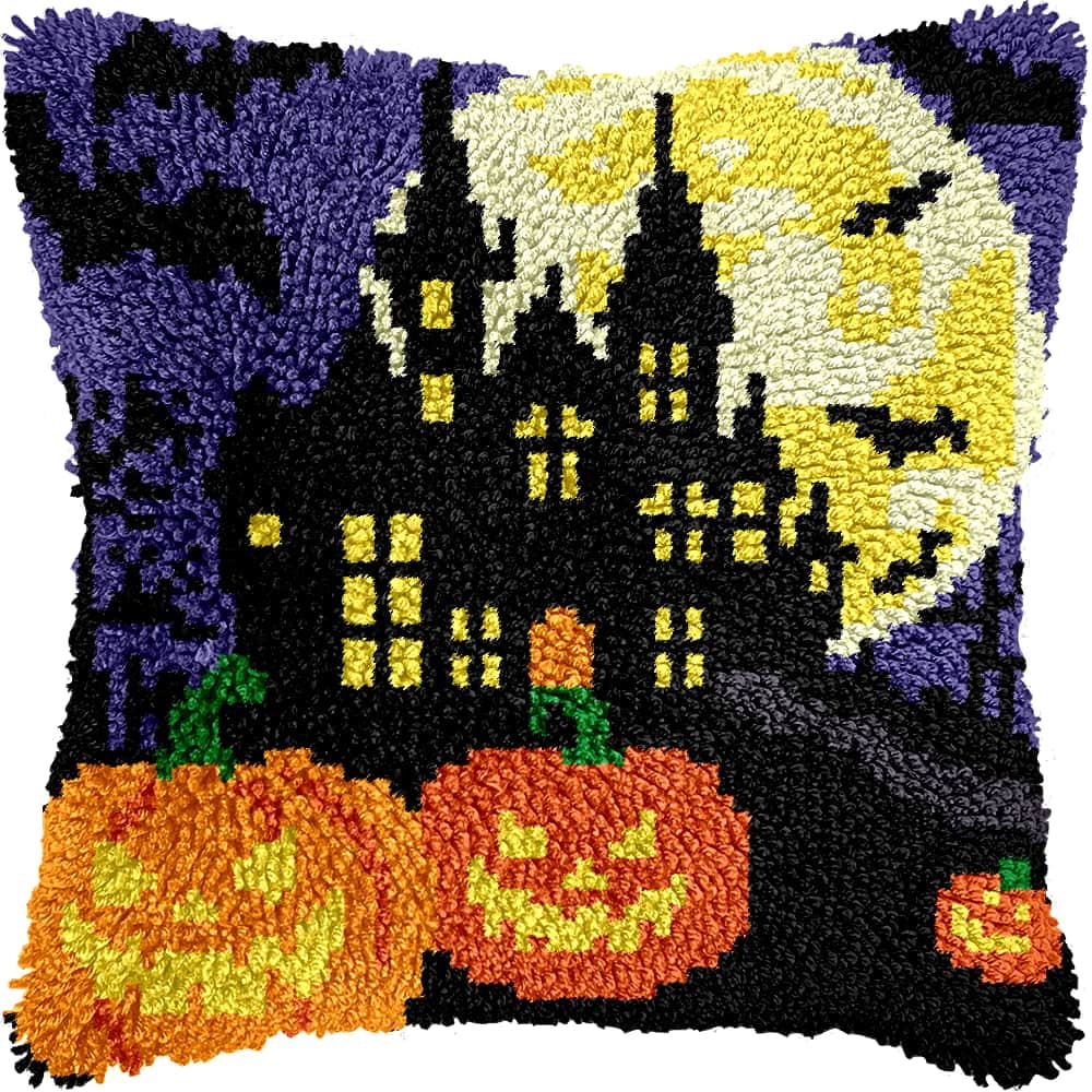 Latch Hook Kits For Adults Beginners Pumpkin 17X17 In Diy Crochet Pillow Kit Pre-Printed Pillowcase Hook And Latch Rug Kits Needlework Cushion Cover For Home Sofa