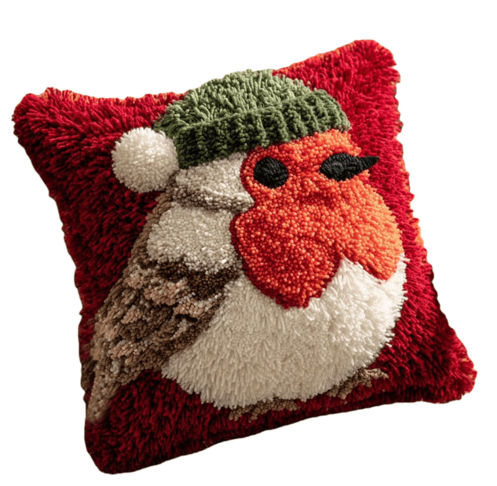 Latch Hook Kits For Adults Beginners Robin Wearing A Christmas Hat 17X17 In DIY Crochet Pillow Kit Pre-Printed Pillowcase Hook And Latch Rug Kits Needlework Cushion Cover For Home Sofa Decor