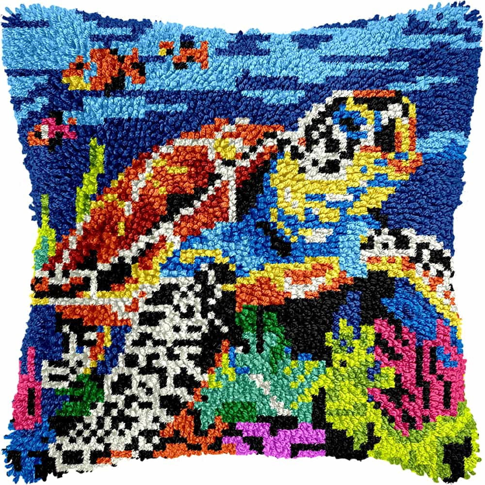 Latch Hook Kits For Adults Beginners Sea Turtle 17X17 In Diy Crochet Pillow Kit Pre-Printed Pillowcase Hook And Latch Rug Kits Needlework Cushion Cover For Home Sofa