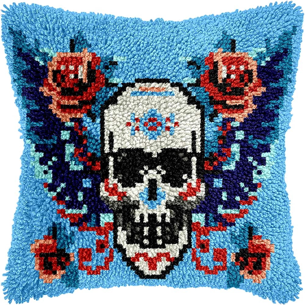 Latch Hook Kits For Adults Beginners Skull 17X17 In Diy Crochet Pillow Kit Pre-Printed Pillowcase Hook And Latch Rug Kits Needlework Cushion Cover For Home Sofa