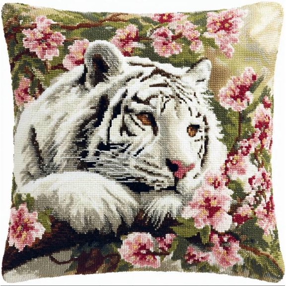Latch Hook Kits For Adults Beginners Tiger 17X17 In Diy Crochet Pillow Kit Pre-Printed Pillowcase Hook And Latch Rug Kits Needlework Cushion Cover For Home Sofa