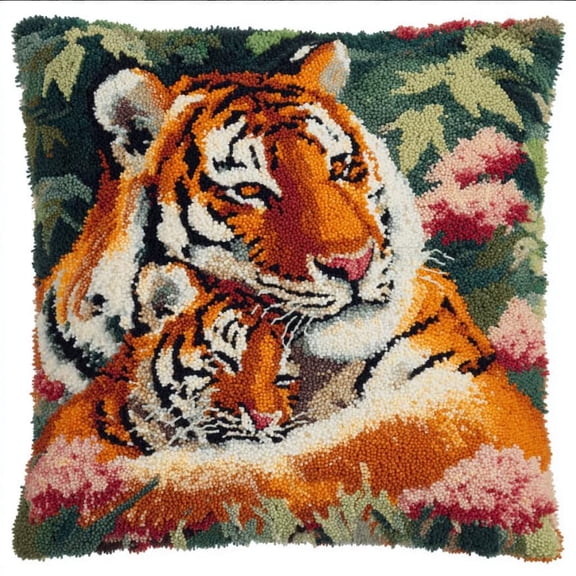 Latch Hook Kits For Adults Beginners Tiger 17X17 In Diy Crochet Pillow Kit Pre-Printed Pillowcase Hook And Latch Rug Kits Needlework Cushion Cover For Home Sofa
