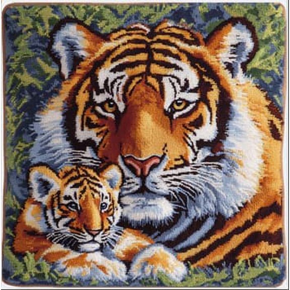 Latch Hook Kits For Adults Beginners Tiger 17X17 In Diy Crochet Pillow Kit Pre-Printed Pillowcase Hook And Latch Rug Kits Needlework Cushion Cover For Home Sofa
