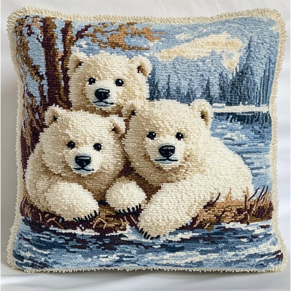 Latch Hook Pillow Case Kits,The Bear Family 17X17Inch 3D Diy Latch Hook Cushion Cover Kit,Knitting Kits Cushion For Adults And Beginners Rug Making Kit For Starters