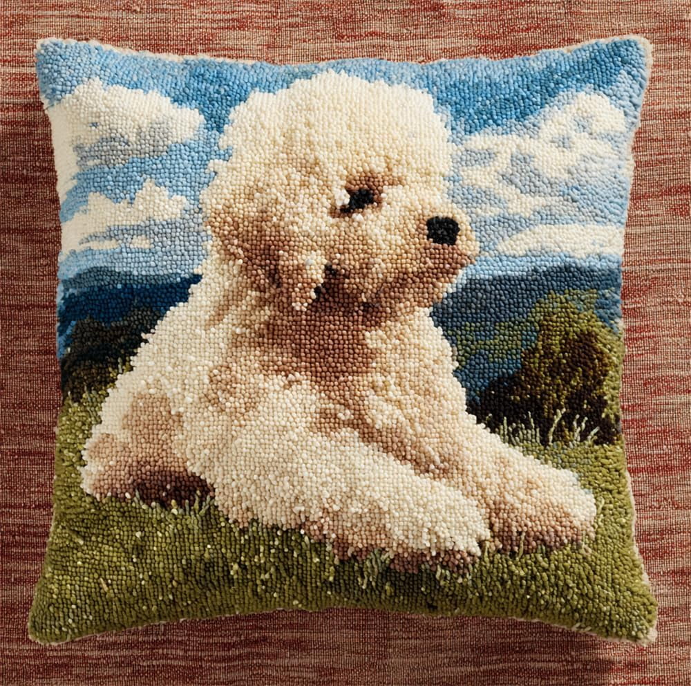 Latch Hook Kits For Adults Beginners, White Dog On The Grass 17X17 In Pre-Printed Latch Hook Pillow Kit, Craft Rug Making Kits, Diy Embroidery Cushion For Home Sofa Decor & Gift Idea