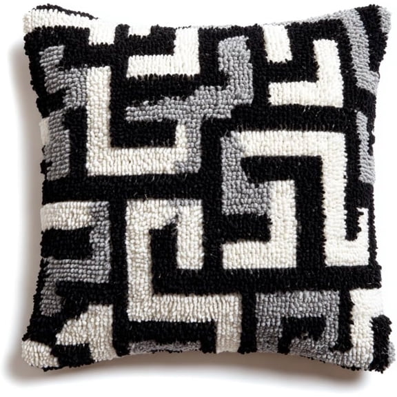 Latch Hook Kits For Adults Beginners, White Geometric Pattern 17X17 In Pre-Printed Latch Hook Pillow Kit, Craft Rug Making Kits, Diy Embroidery Cushion For Home Sofa Decor & Gift I