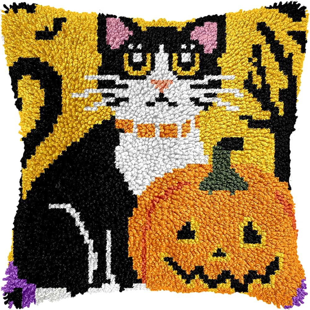 Latch Hook Kits For Adults -Cat Latch Hook Pillow Kits For Kids, Crochet Yarn Kit For Beginners, Diy Needlework Crafts Cover Case With Printed Canvas 17X17Inch