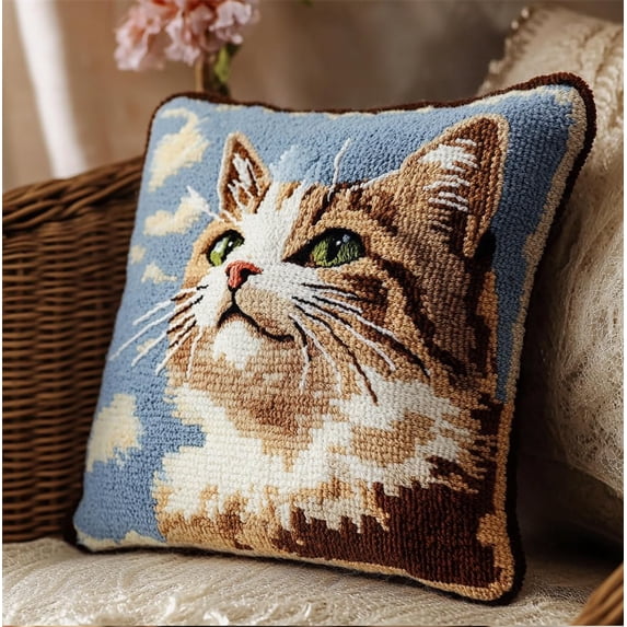 Latch Hook Kits for Adults,Cat Looking Sky Beginners DIY Crochet Pillow Kit Pre-Printed Pillowcase Hook and Latch Rug Kits Needlework Cushion Cover for Home Sofa Decoration 17X17 Inch