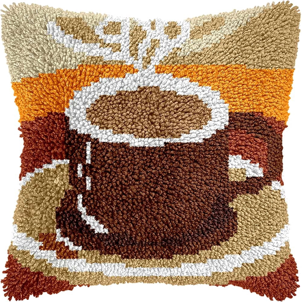 Latch Hook Kits For Adults -Coffee Cup Latch Hook Pillow Kits For Kids, Crochet Yarn Kit For Beginners, Diy Needlework Crafts Cover Case With Printed Canvas 17X17Inch