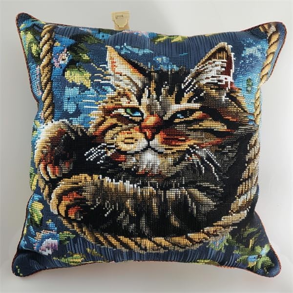 Latch Hook Kits for Adults Cushion Covers Cat 43X43cm with Preprinted Pattern Needlework Embroidery Set DIY Handmade Crochet Craft Kit for Sofa Home Decor
