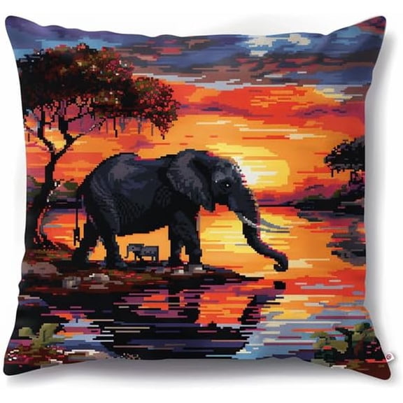 Latch Hook Kits for Adults Cushion Covers Elephant 17X17Inch with Preprinted Pattern Needlework Embroidery Set DIY Handmade Crochet Craft Kit for Sofa Home Decor