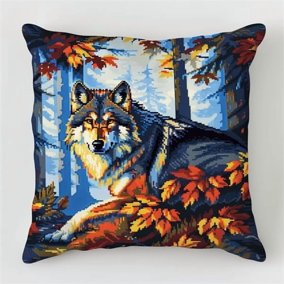 Latch Hook Kits for Adults Cushion Wolf Latch Hook Craft Kit 17X17Inch Handmade Crochet Craft Kits Cushion Cover Needlework for Home Decoration Patterns Printed DIY Making Kit