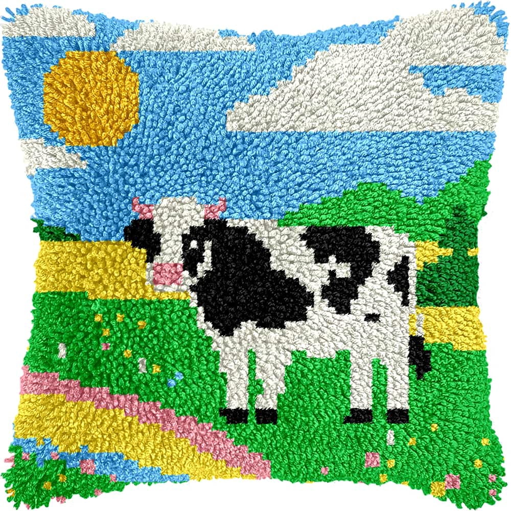 Latch Hook Kits For Adults -Dairy Cow Latch Hook Pillow Kits For Kids, Crochet Yarn Kit For Beginners, Diy Needlework Crafts Cover Case With Printed Canvas 17X17Inch