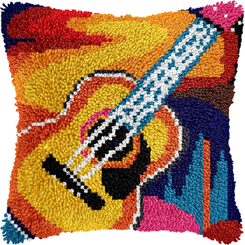 Latch Hook Kits For Adults -Guitar Latch Hook Pillow Kits For Kids, Crochet Yarn Kit For Beginners, Diy Needlework Crafts Cover Case With Printed Canvas 17X17Inch