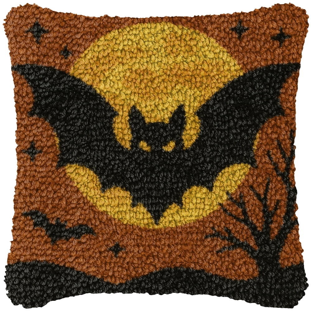 Latch Hook Kits for Adults Kids,Bat Pattern Color Printed Canvas DIY Throw Pillow Cover,Beginners Handmade Needlework Crafts Home Decoration 17x17inch