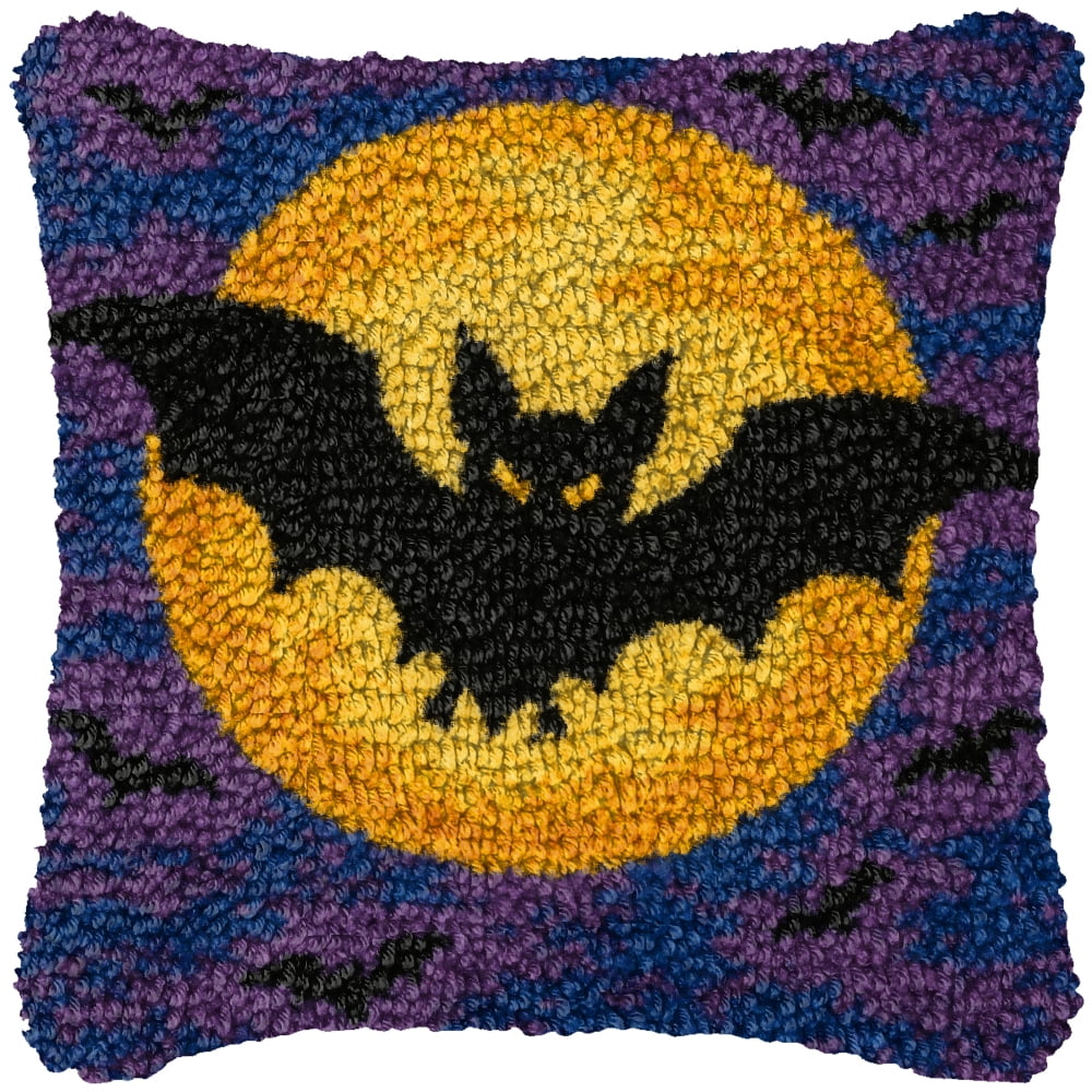Latch Hook Kits for Adults Kids,Bat Pattern Color Printed Canvas DIY Throw Pillow Cover,Beginners Handmade Needlework Crafts Home Decoration 17x17inch