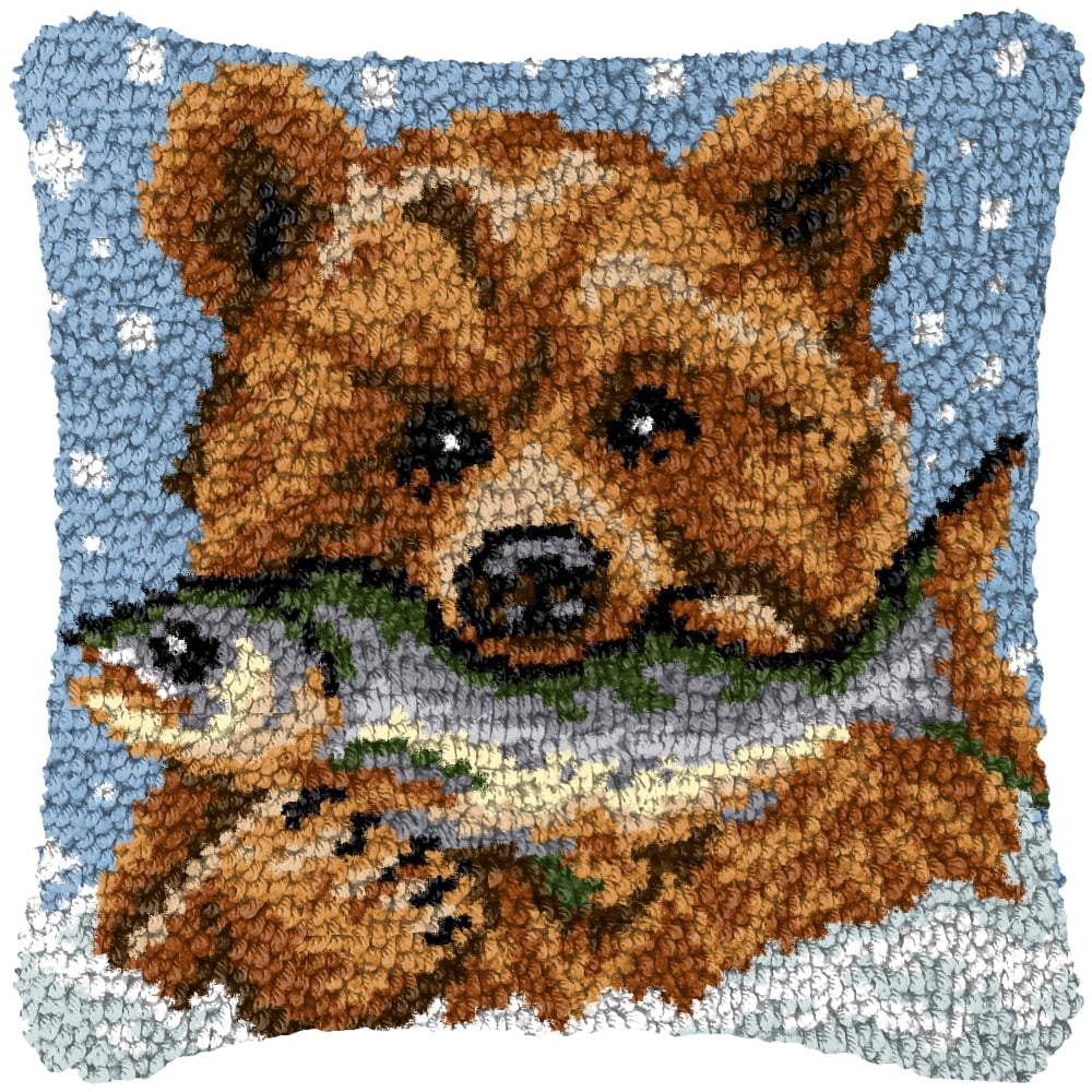 Latch Hook Kits for Adults Kids,Bear Pattern Color Printed Canvas DIY Throw Pillow Cover,Beginners Handmade Needlework Crafts Home Decoration 17x17inch