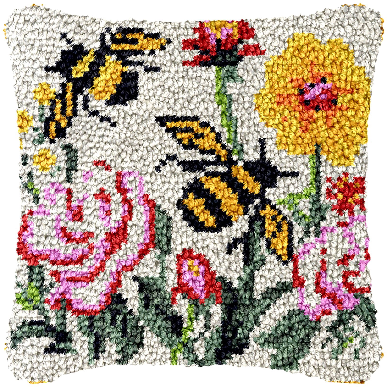 Latch Hook Kits for Adults Kids,Bee Pattern Color Printed Canvas DIY Throw Pillow Cover,Beginners Handmade Needlework Crafts Home Decoration 17x17inch