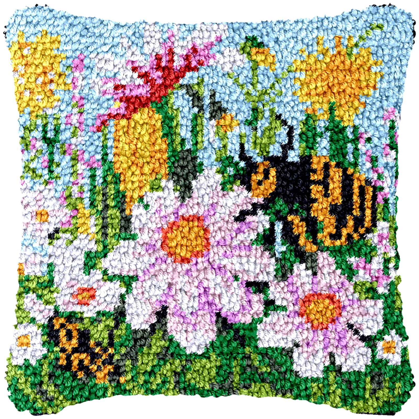 Latch Hook Kits for Adults Kids,Bee Pattern Color Printed Canvas DIY Throw Pillow Cover,Beginners Handmade Needlework Crafts Home Decoration 17x17inch