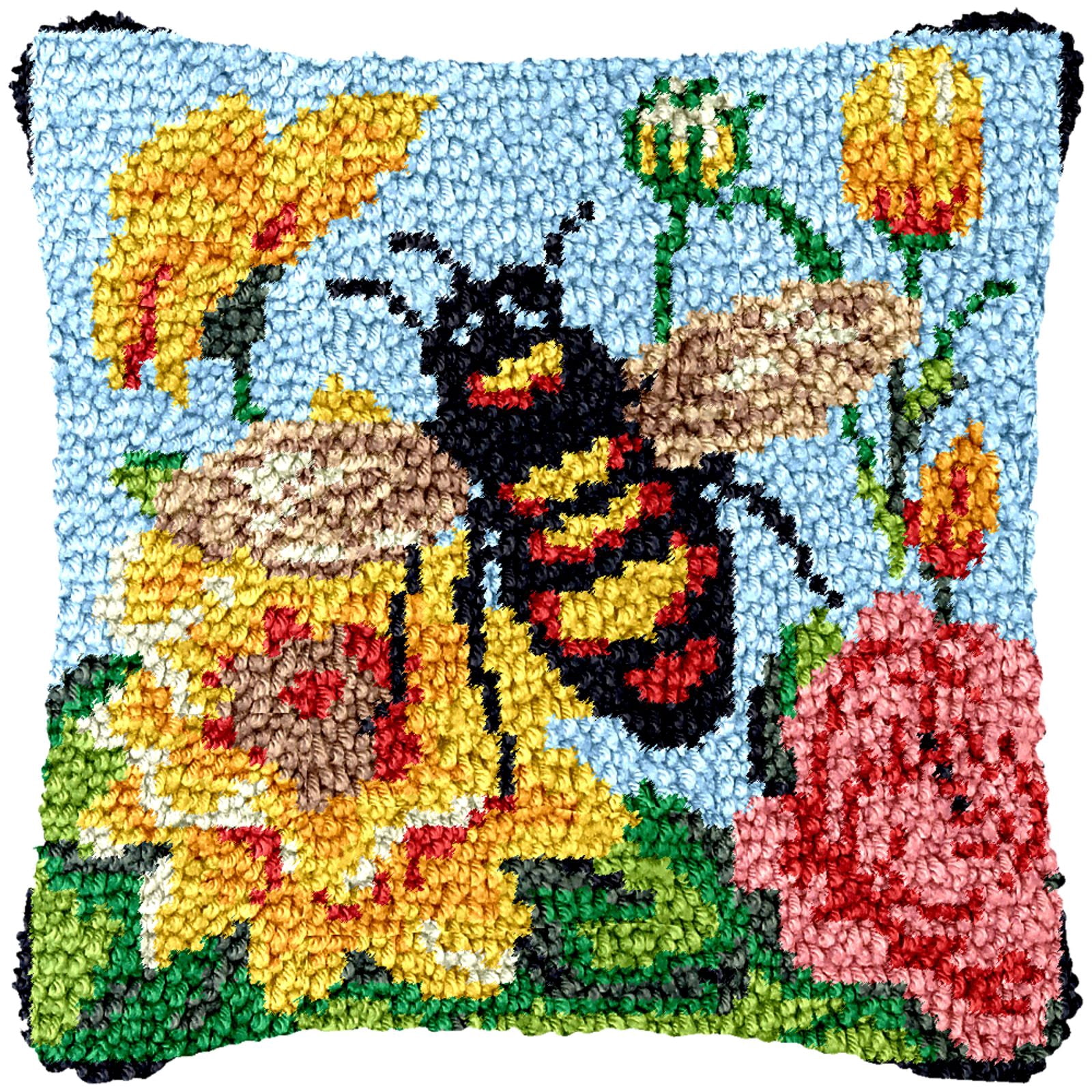 Latch Hook Kits for Adults Kids,Bee Pattern Color Printed Canvas DIY Throw Pillow Cover,Beginners Handmade Needlework Crafts Home Decoration 17x17inch