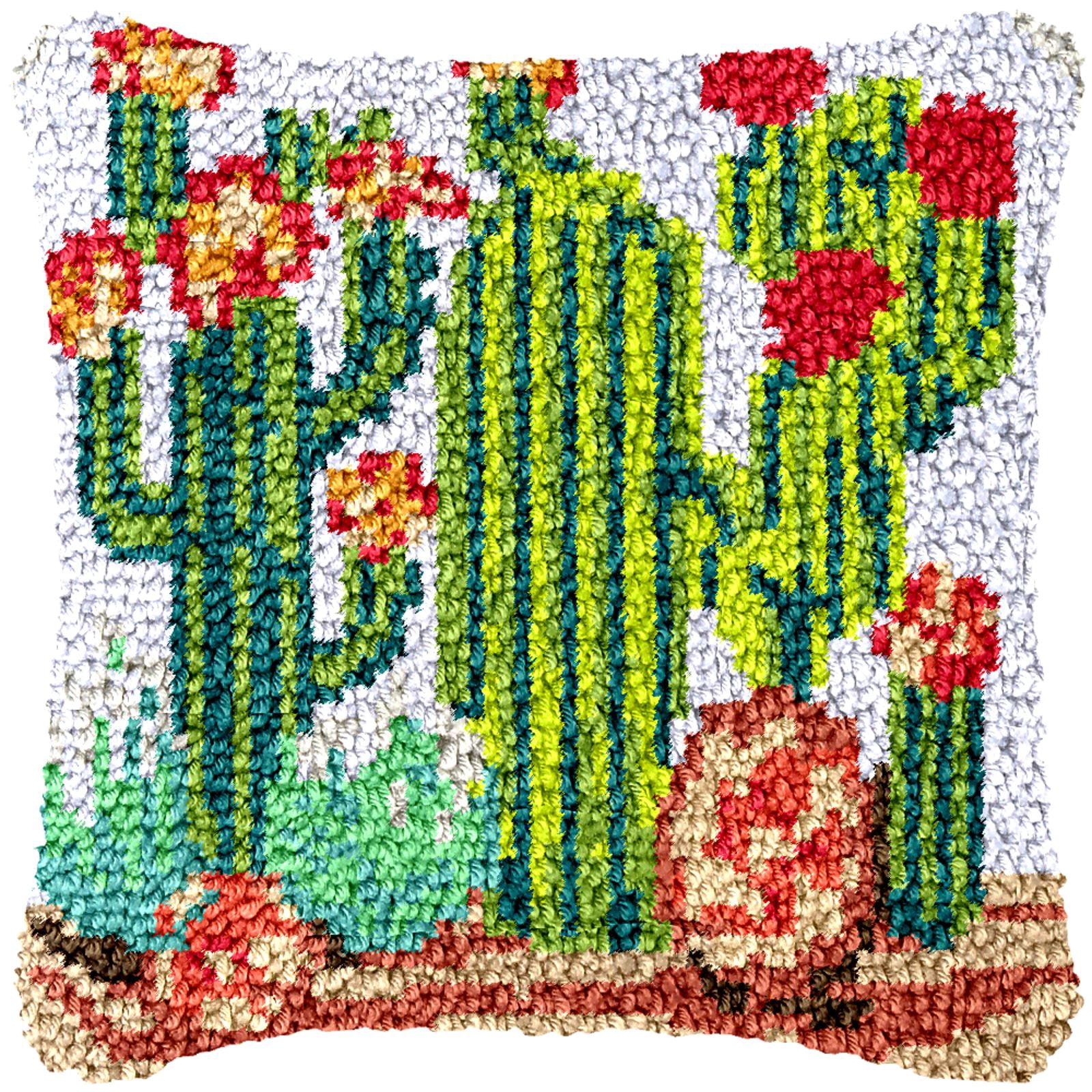 Latch Hook Kits for Adults Kids,Cactus Pattern Color Printed Canvas DIY Throw Pillow Cover,Beginners Handmade Needlework Crafts Home Decoration 17x17inch