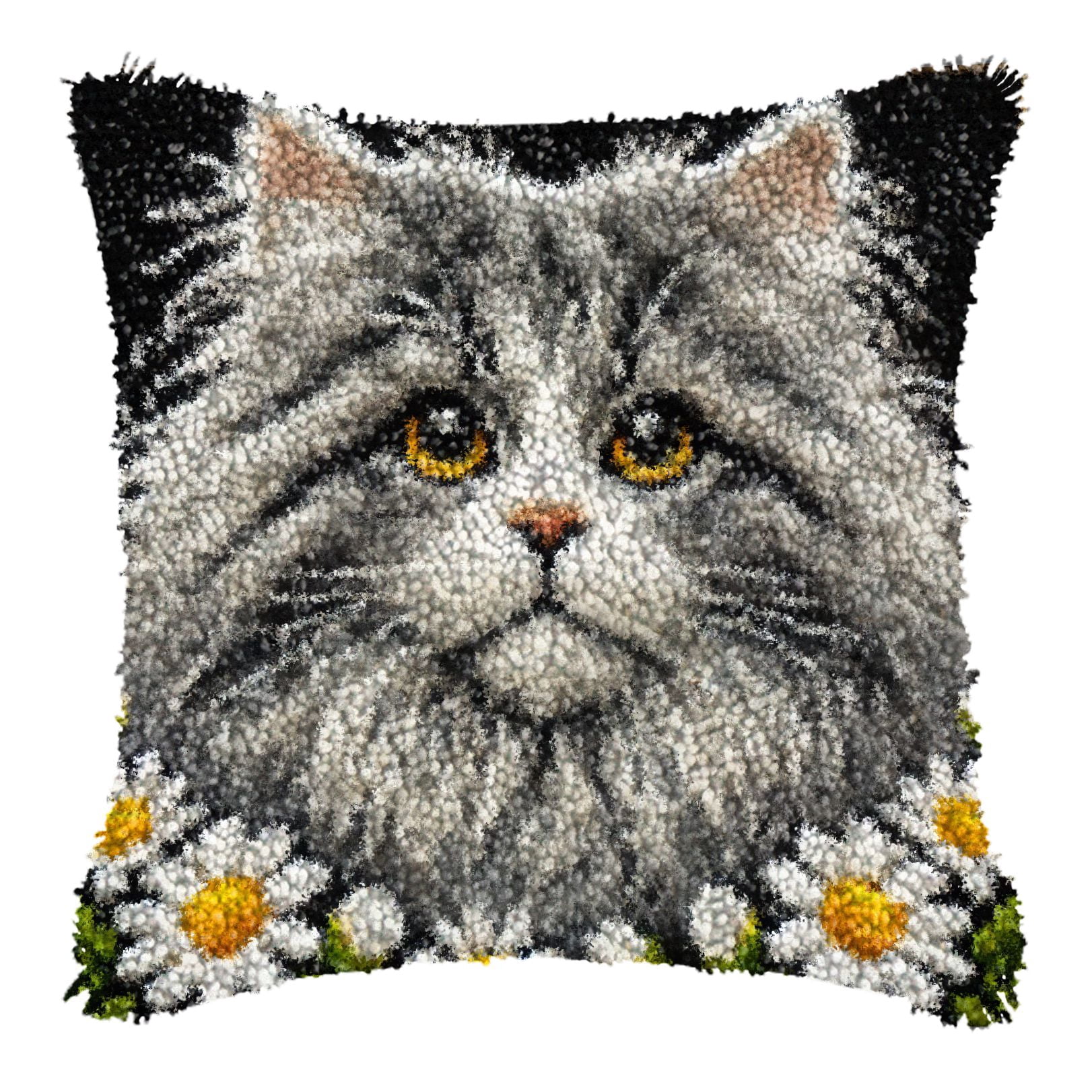 Latch Hook Kits for Adults Kids,Cat Pattern Color Printed Canvas DIY Throw Pillow Cover,Beginners Handmade Needlework Crafts Home Decoration 17x17inch