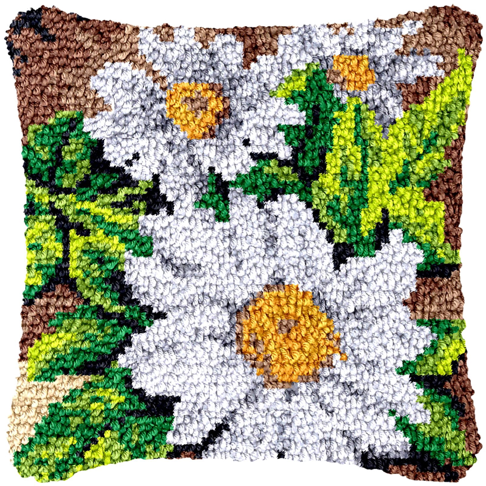 Latch Hook Kits for Adults Kids,Daisy Pattern Color Printed Canvas DIY Throw Pillow Cover,Beginners Handmade Needlework Crafts Home Decoration 17x17inch