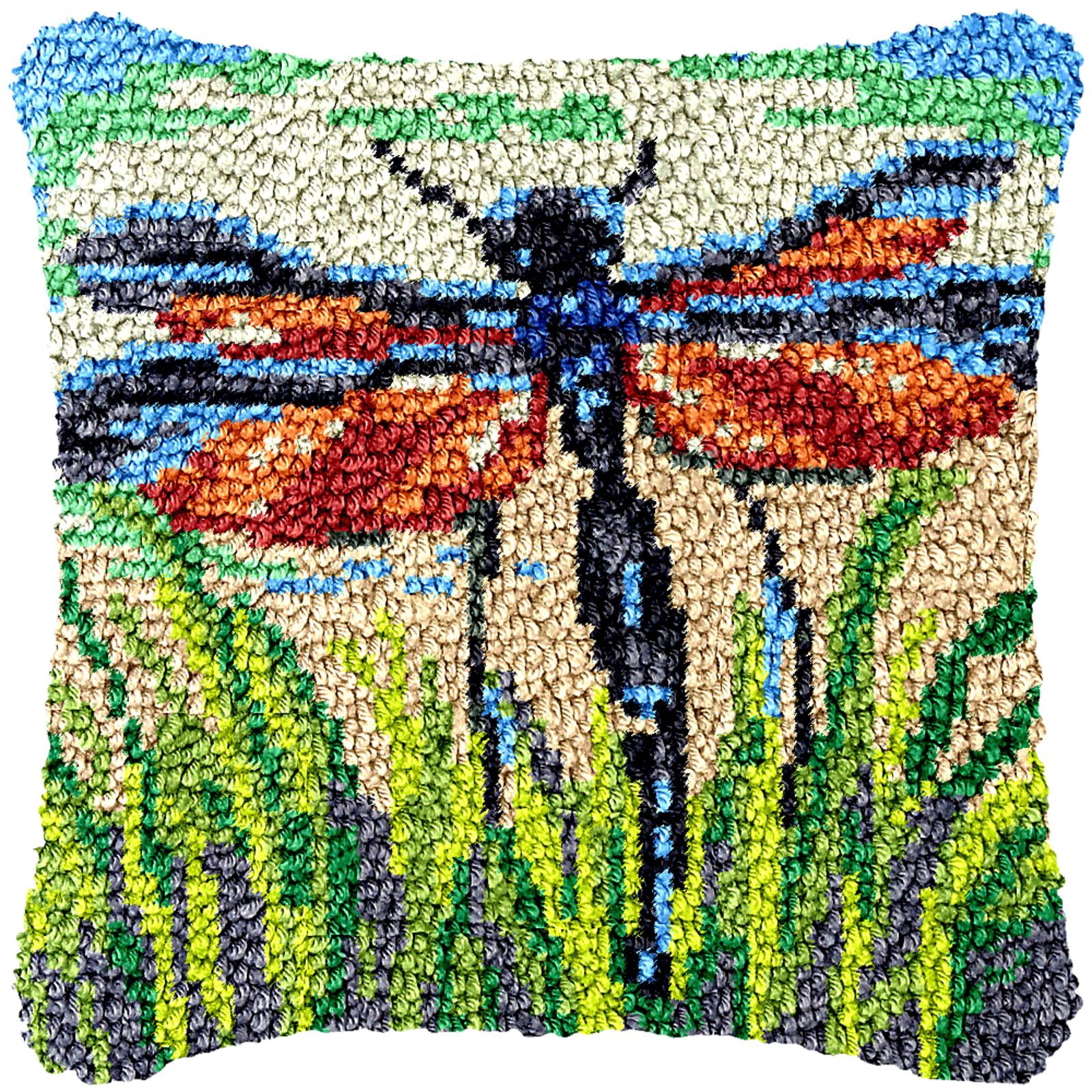 Latch Hook Kits for Adults Kids,Dragonfly Pattern Color Printed Canvas DIY Throw Pillow Cover,Beginners Handmade Needlework Crafts Home Decoration 17x17inch