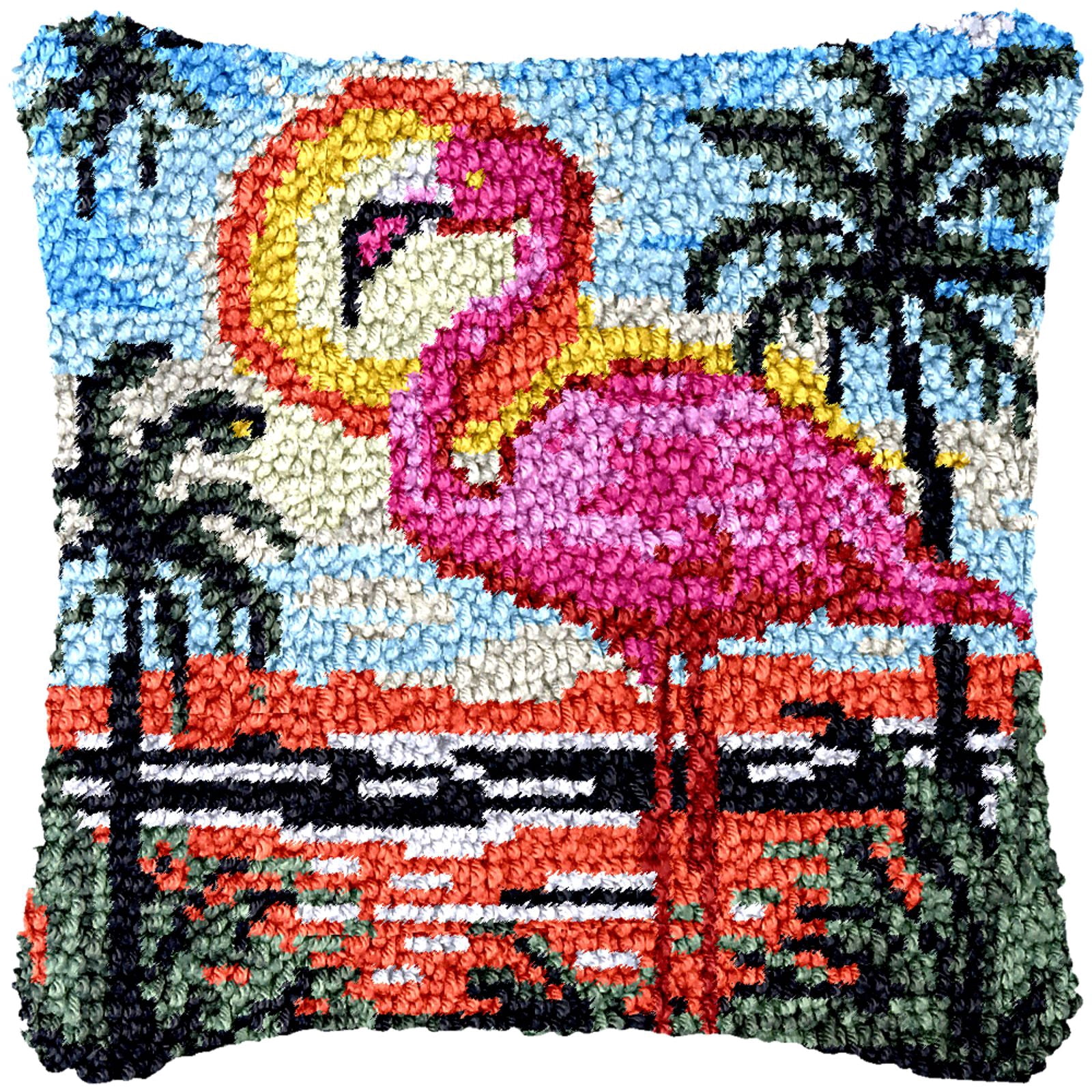 Latch Hook Kits for Adults Kids,Flamingo Pattern Color Printed Canvas DIY Throw Pillow Cover,Beginners Handmade Needlework Crafts Home Decoration 17x17inch
