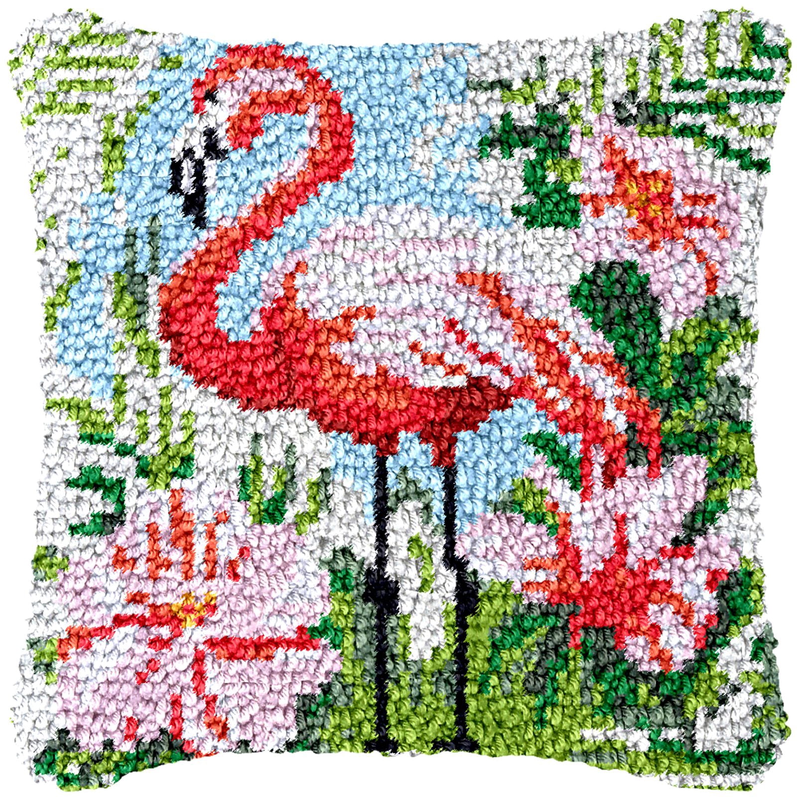 Latch Hook Kits for Adults Kids,Flamingo Pattern Color Printed Canvas DIY Throw Pillow Cover,Beginners Handmade Needlework Crafts Home Decoration 17x17inch