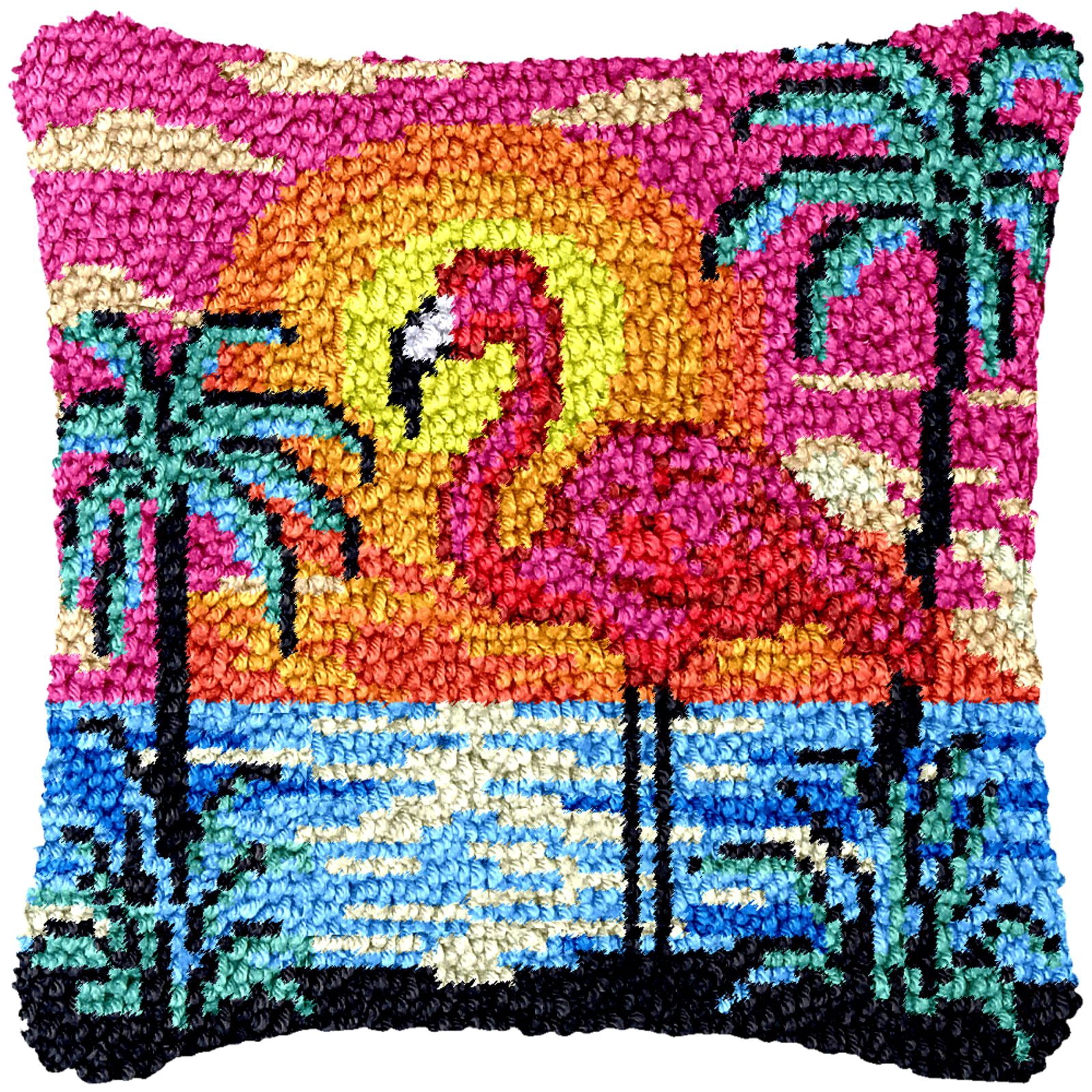 Latch Hook Kits for Adults Kids,Flamingo Pattern Color Printed Canvas DIY Throw Pillow Cover,Beginners Handmade Needlework Crafts Home Decoration 17x17inch