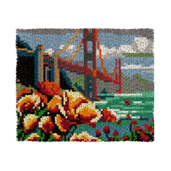 Latch Hook Kits for Adults Kids,Golden Gate Bridge Pattern Color Printed Canvas DIY Rug Kits Carpet Embroidery Sofa Cushion,Beginners Handmade Needlework Crafts Home Decoration 20.5x15inch