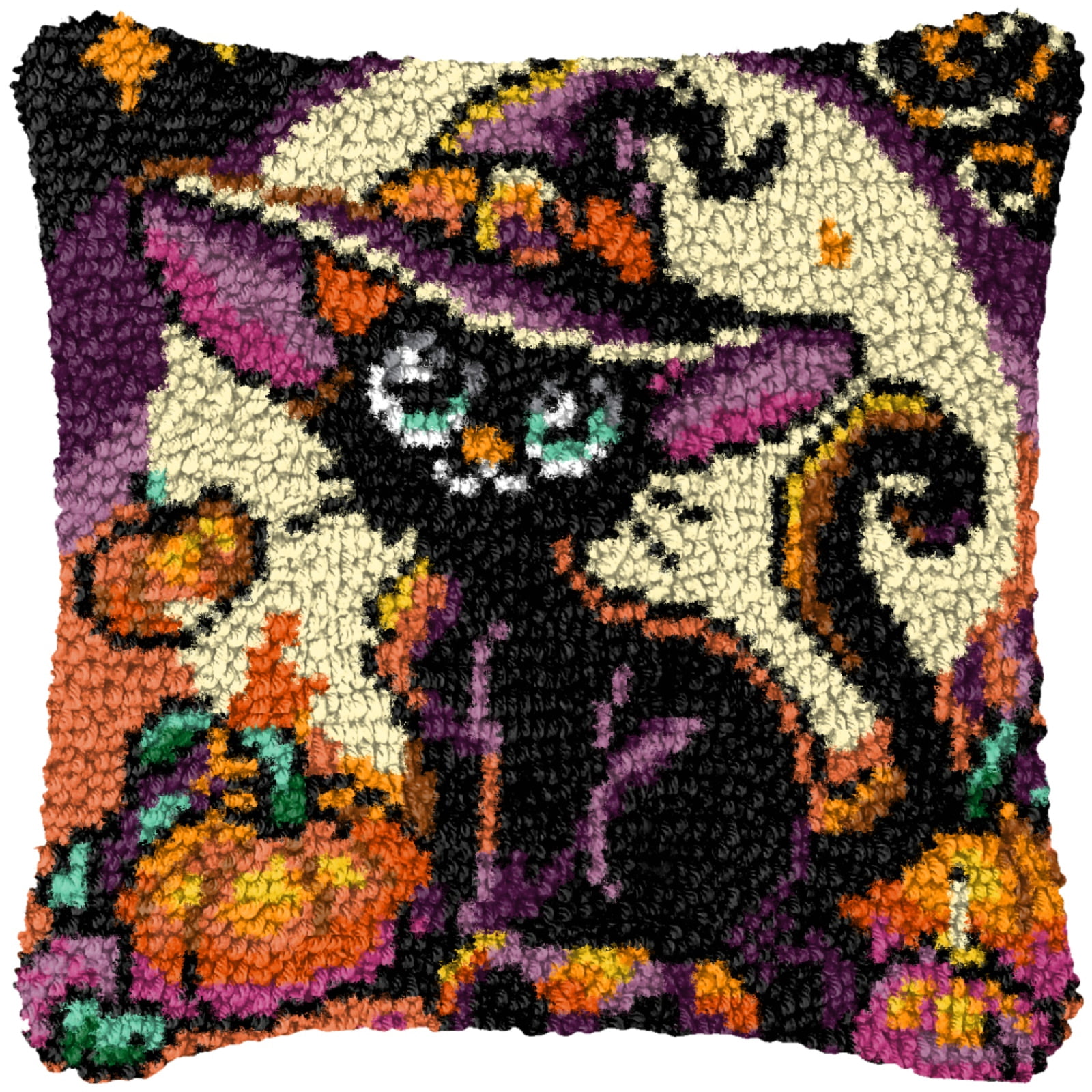 Latch Hook Kits for Adults Kids,Halloween Cat Pattern Color Printed Canvas DIY Throw Pillow Cover,Beginners Handmade Needlework Crafts Home Decoration 17x17inch