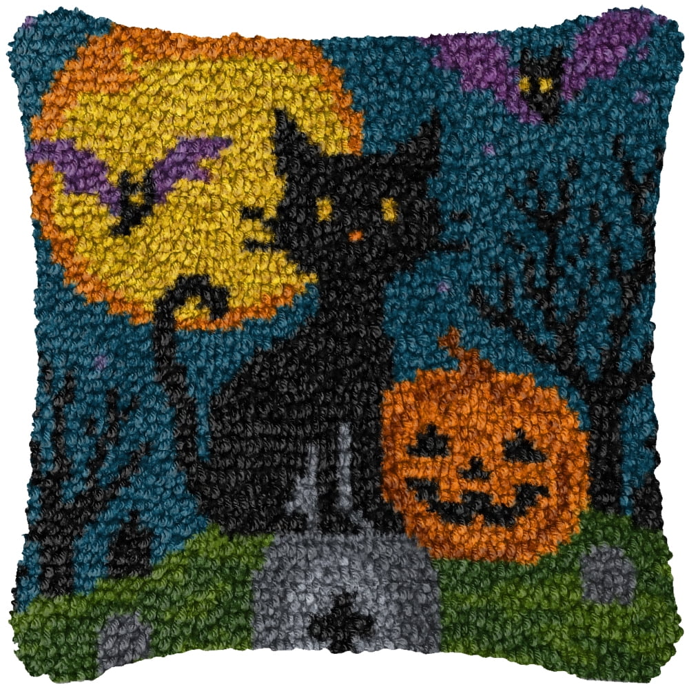 Latch Hook Kits for Adults Kids,Halloween Cat Pattern Color Printed Canvas DIY Throw Pillow Cover,Beginners Handmade Needlework Crafts Home Decoration 17x17inch