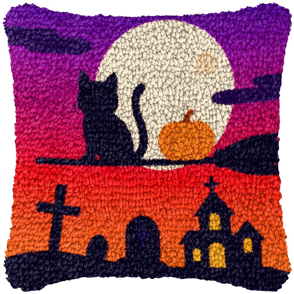 Latch Hook Kits for Adults Kids,Halloween Cat Pattern Color Printed Canvas DIY Throw Pillow Cover,Beginners Handmade Needlework Crafts Home Decoration 17x17inch