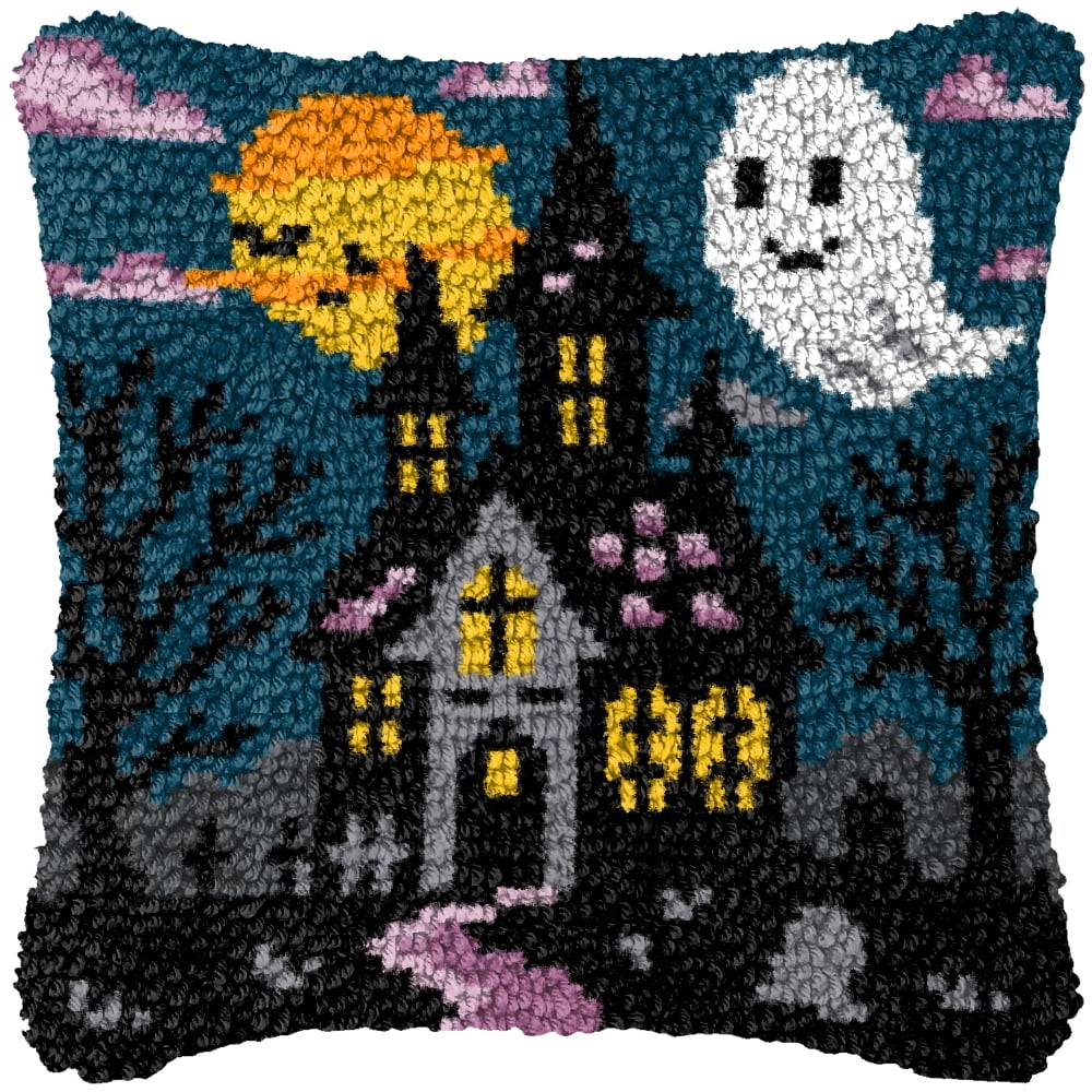 Latch Hook Kits for Adults Kids,Halloween Ghost Pattern Color Printed Canvas DIY Throw Pillow Cover,Beginners Handmade Needlework Crafts Home Decoration 17x17inch