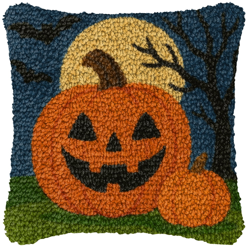 Latch Hook Kits for Adults Kids,Halloween Pumpkin Pattern Color Printed Canvas DIY Throw Pillow Cover,Beginners Handmade Needlework Crafts Home Decoration 17x17inch