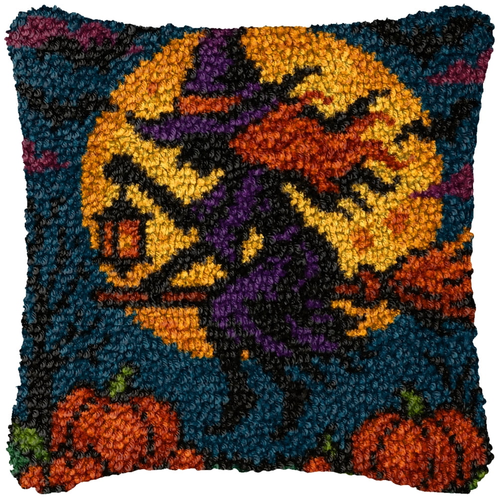 Latch Hook Kits for Adults Kids,Halloween Witch Pattern Color Printed Canvas DIY Throw Pillow Cover,Beginners Handmade Needlework Crafts Home Decoration 17x17inch