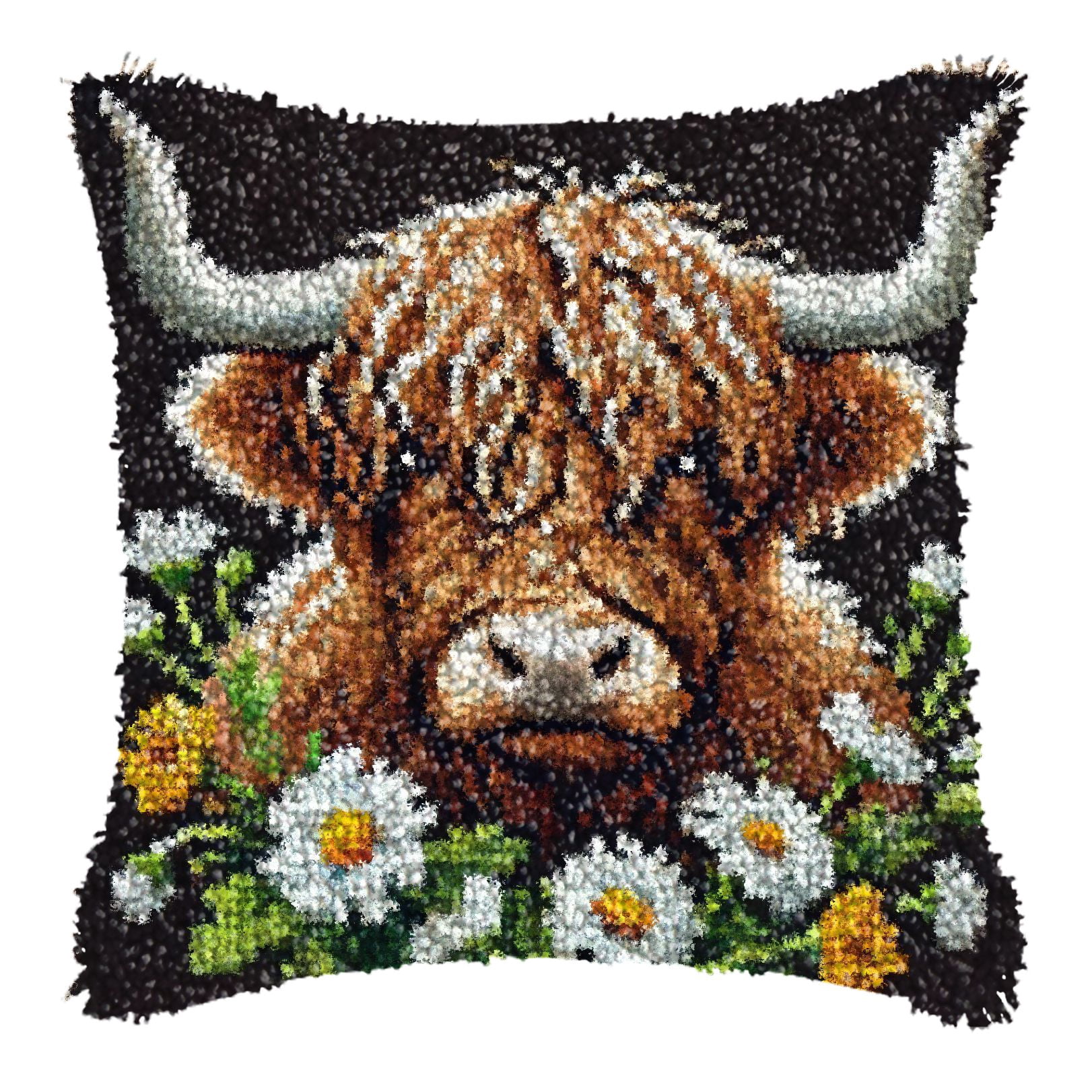 Latch Hook Kits for Adults Kids,Highland Cattle Pattern Color Printed Canvas DIY Throw Pillow Cover,Beginners Handmade Needlework Crafts Home Decoration 17x17inch