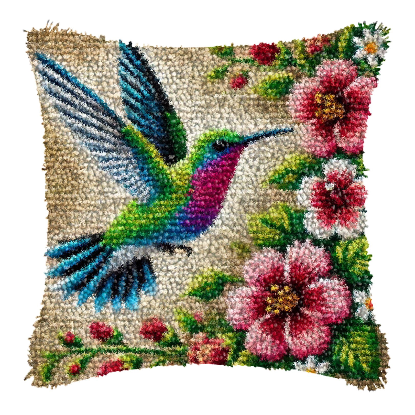 Latch Hook Kits for Adults Kids,Hummingbird Pattern Color Printed Canvas DIY Throw Pillow Cover,Beginners Handmade Needlework Crafts Home Decoration 17x17inch