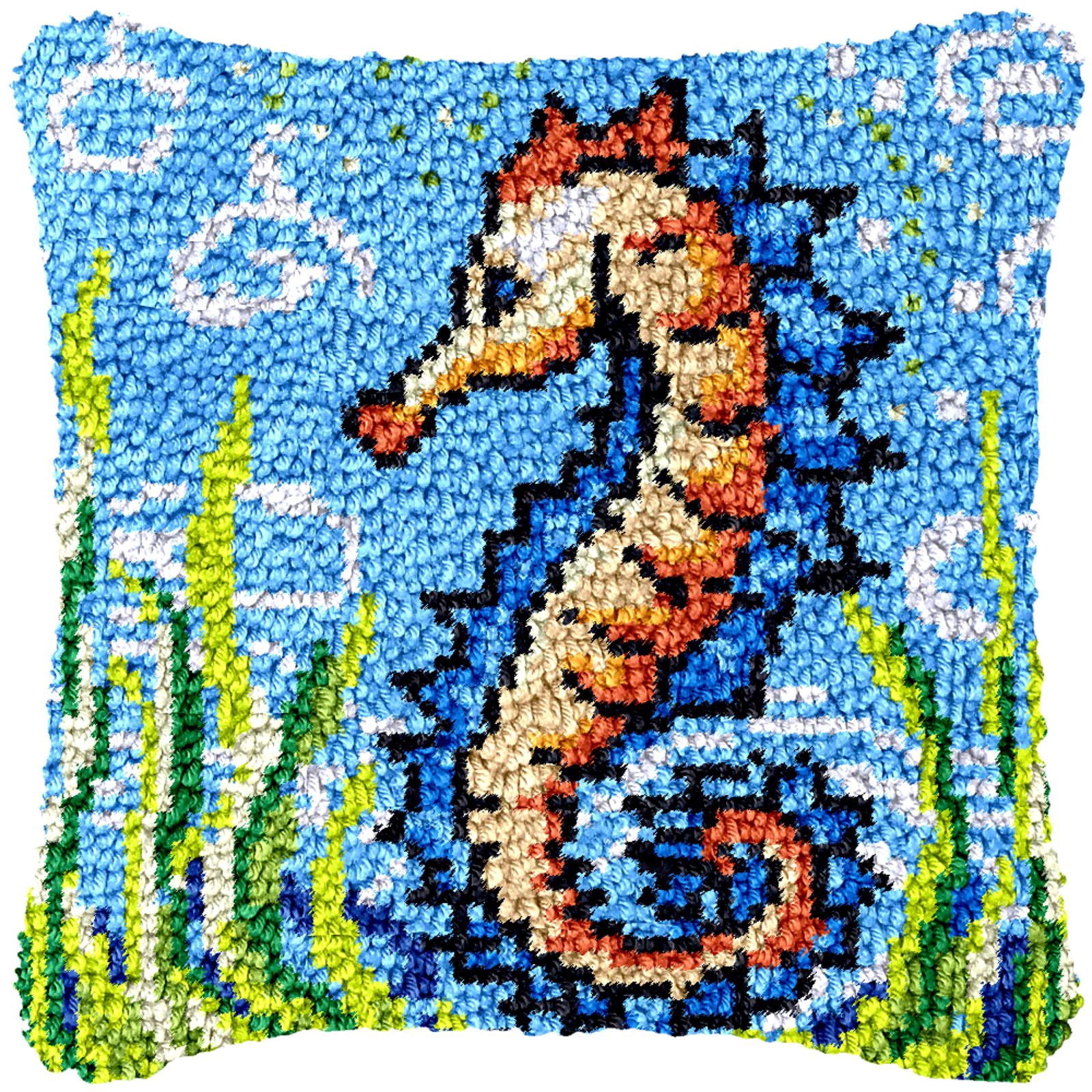 Latch Hook Kits for Adults Kids,Seahorse Pattern Color Printed Canvas DIY Throw Pillow Cover,Beginners Handmade Needlework Crafts Home Decoration 17x17inch