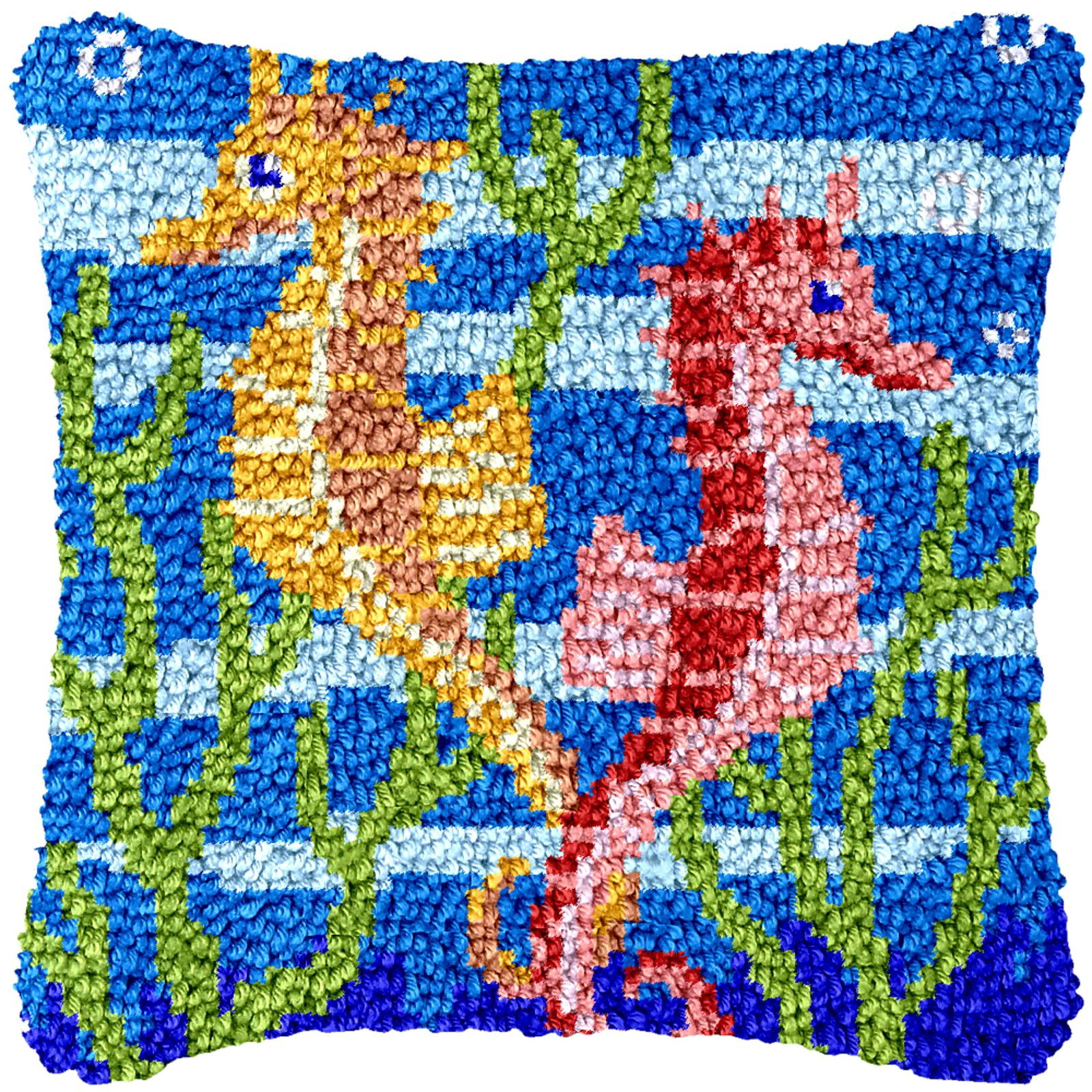 Latch Hook Kits for Adults Kids,Seahorse Pattern Color Printed Canvas DIY Throw Pillow Cover,Beginners Handmade Needlework Crafts Home Decoration 17x17inch