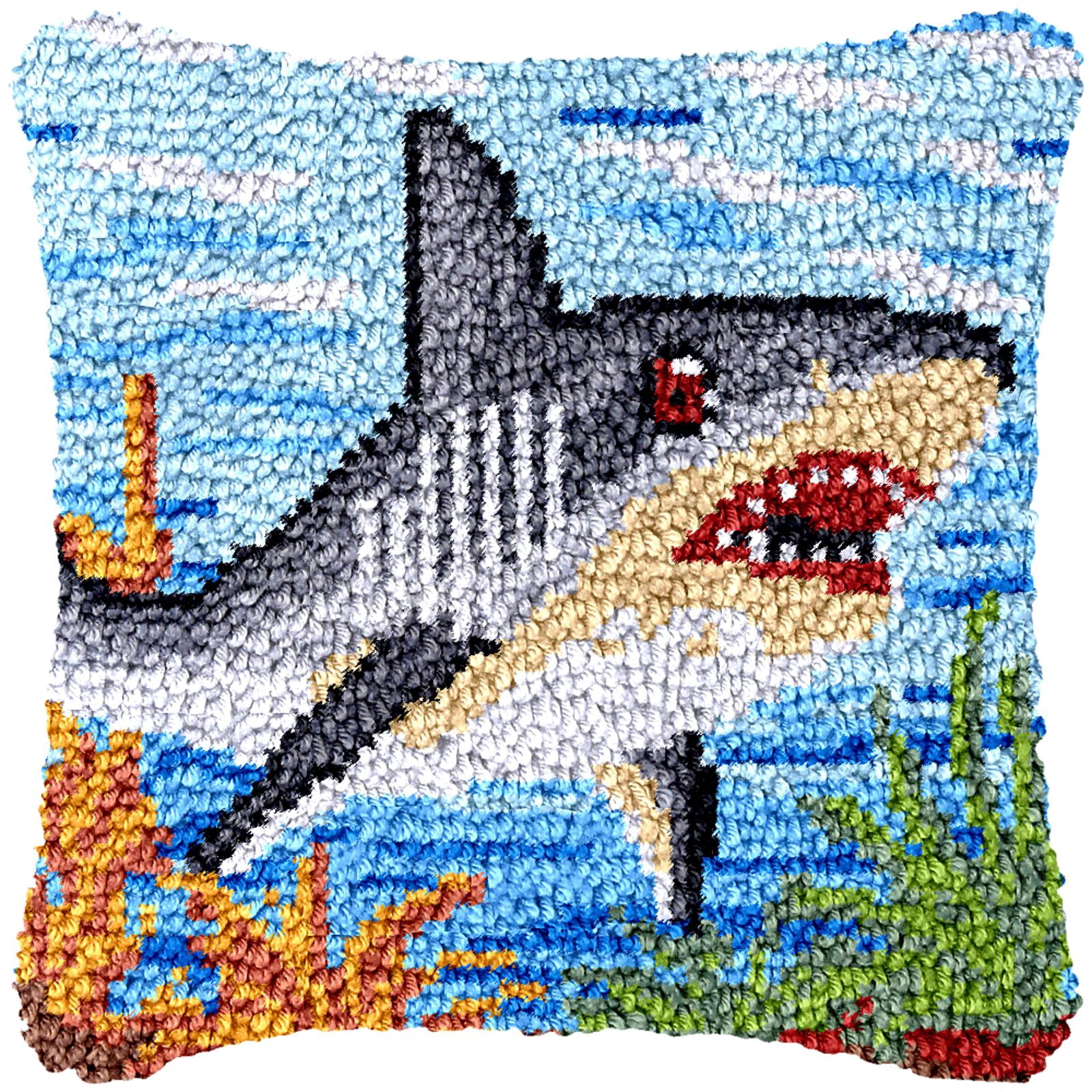 Latch Hook Kits for Adults Kids,Shark Pattern Color Printed Canvas DIY Throw Pillow Cover,Beginners Handmade Needlework Crafts Home Decoration 17x17inch
